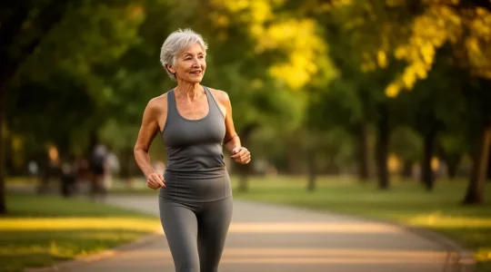 Femme senior dynamique de 60 ans en tenue de marche sportive dans un parc verdoyant