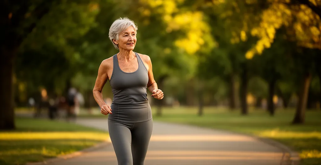 Femme senior dynamique de 60 ans en tenue de marche sportive dans un parc verdoyant