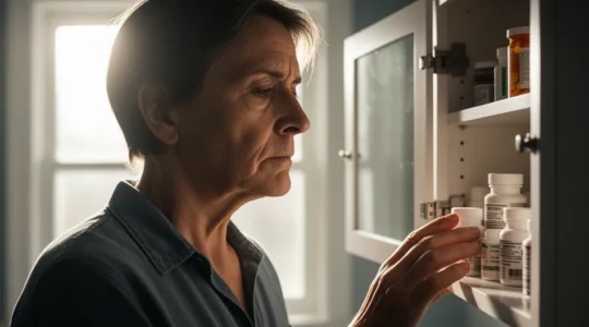 Portrait introspectif d'une personne observant des boîtes de médicaments dans une armoire à pharmacie, lumière naturelle et tons feutrés