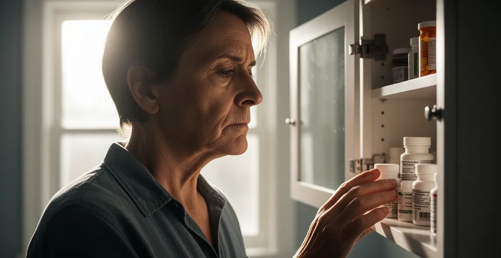 Portrait introspectif d'une personne observant des boîtes de médicaments dans une armoire à pharmacie, lumière naturelle et tons feutrés