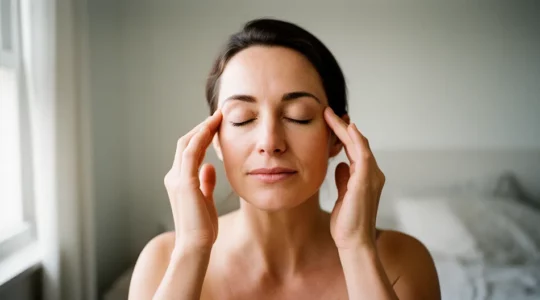 Femme appliquant délicatement une compresse froide sur ses tempes dans un environnement apaisant