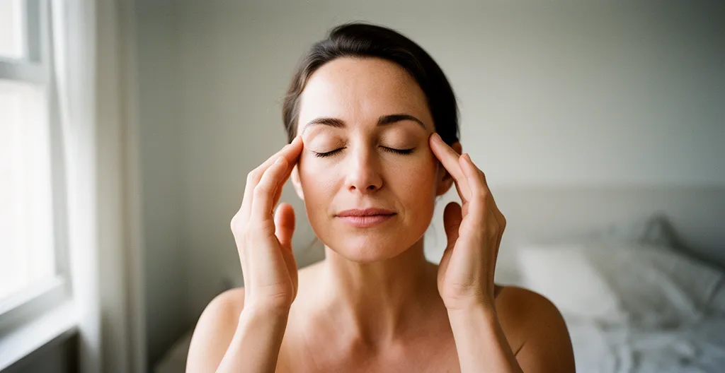 Femme appliquant délicatement une compresse froide sur ses tempes dans un environnement apaisant