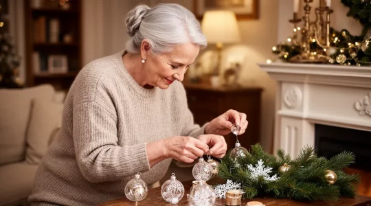 Portrait de famille multigénérationnelle souriante lors des préparatifs des fêtes de fin d'année