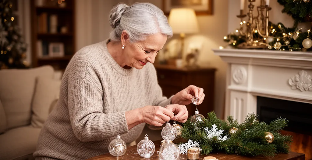 Portrait de famille multigénérationnelle souriante lors des préparatifs des fêtes de fin d'année