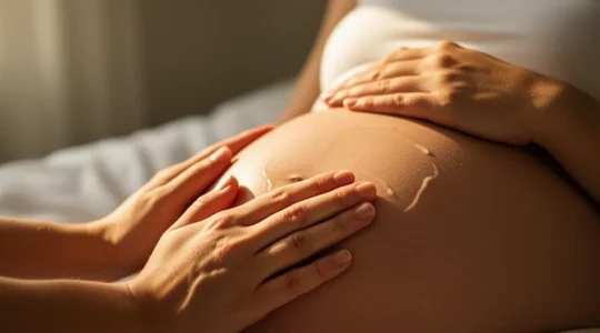 Ventre de femme enceinte avec application d'huile nourrissante lors d'un massage doux