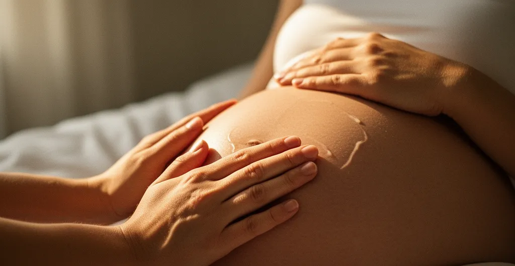 Ventre de femme enceinte avec application d'huile nourrissante lors d'un massage doux