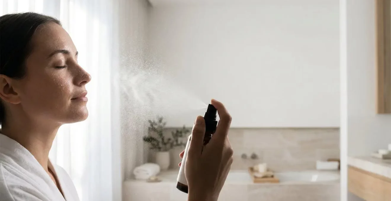 Visage féminin recevant une brume d'eau thermale avant l'application du sérum combleur