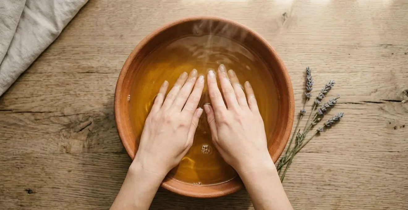 Mains plongées dans un bol d'huile dorée tiède avec une ambiance de spa.