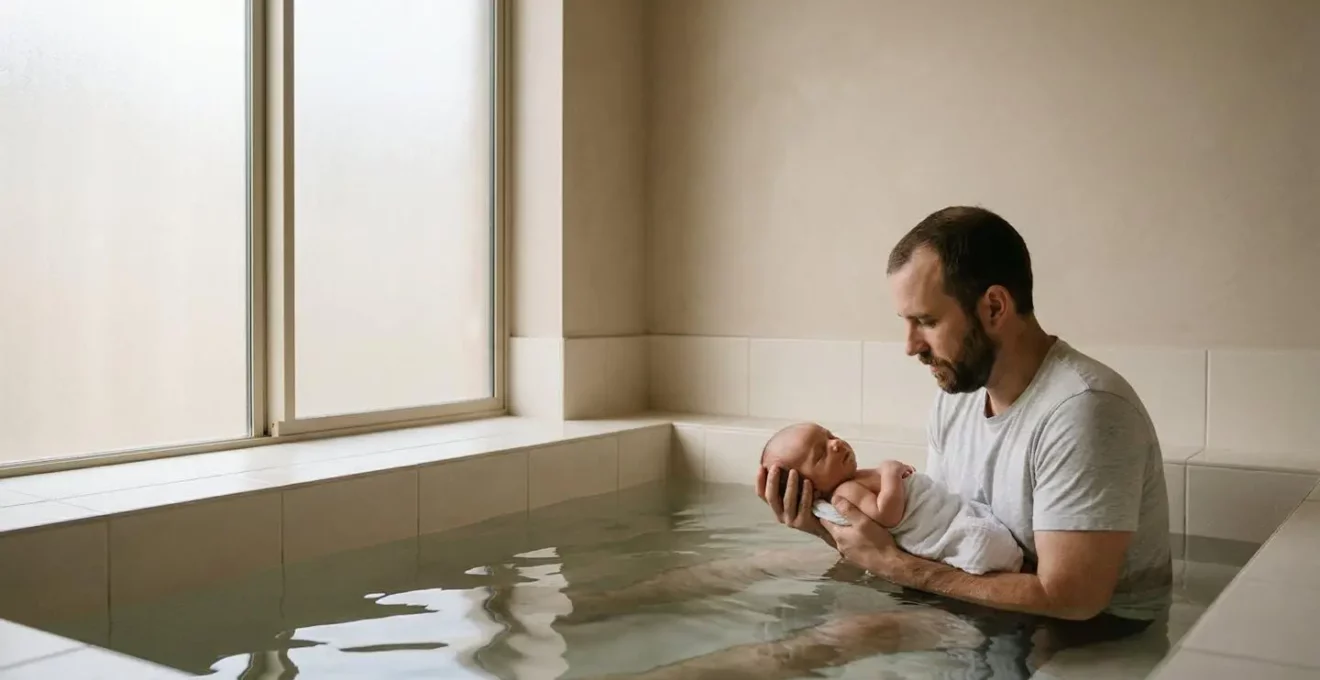 Vue large d'un père tenant délicatement son nouveau-né dans un bain, lumière douce filtrée créant une atmosphère apaisante
