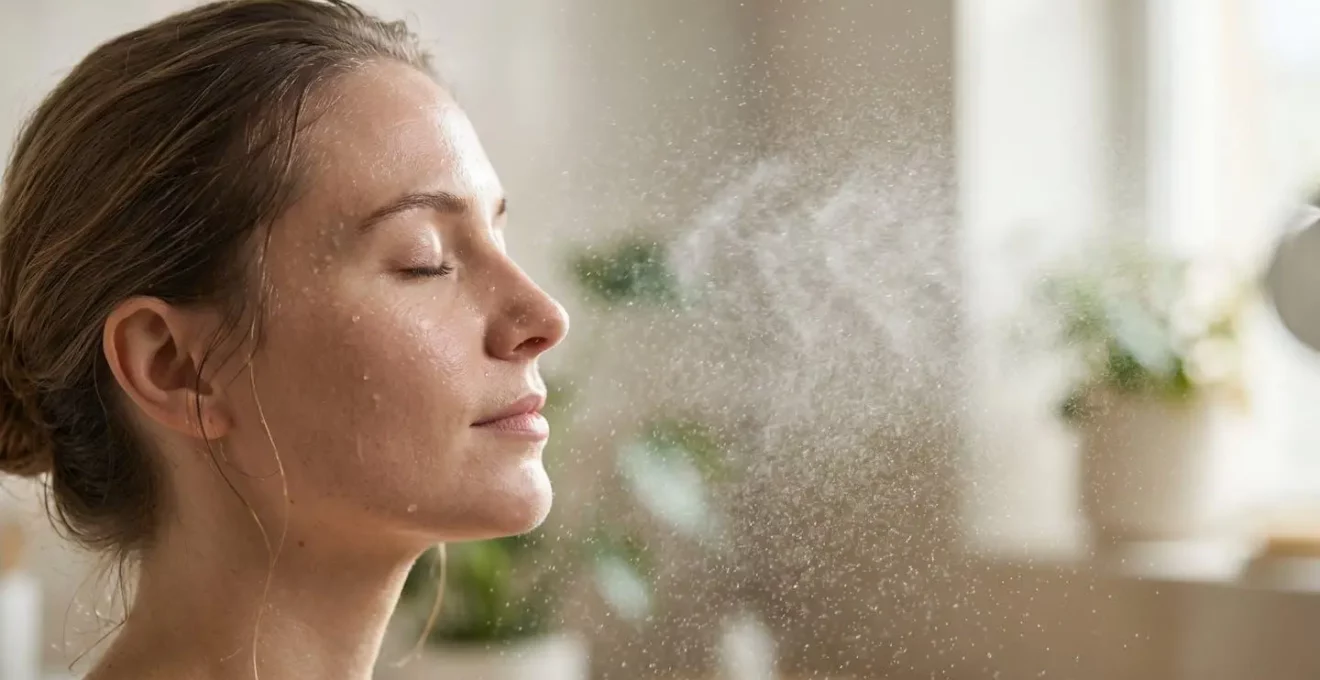 Vaporisation de brume hydratante sur visage avec gouttelettes en suspension