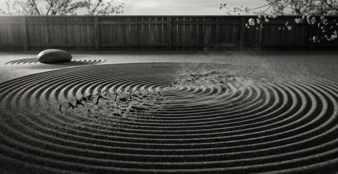Représentation visuelle du cycle stress-carence en magnésium avec un jardin zen perturbé