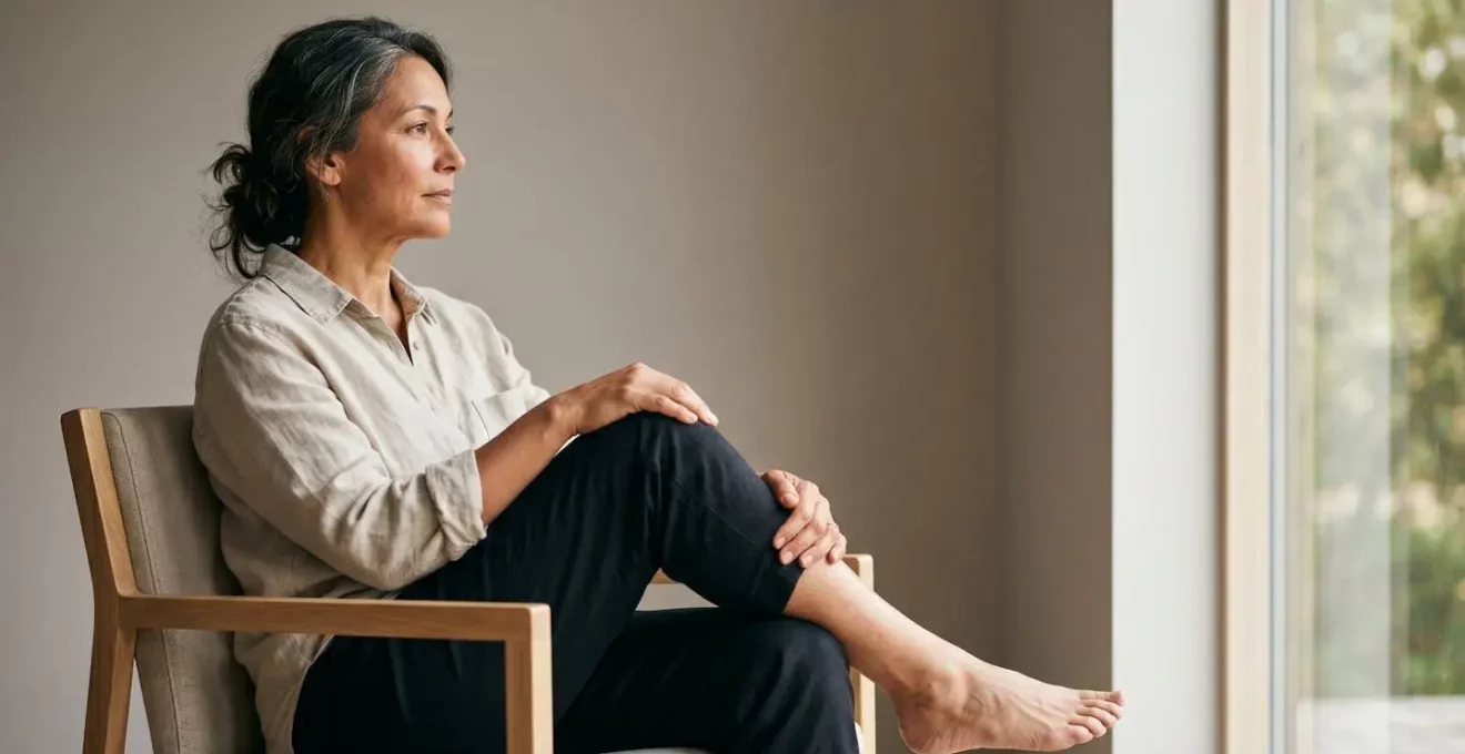 Vue latérale minimaliste d'une personne assise montrant la circulation des jambes