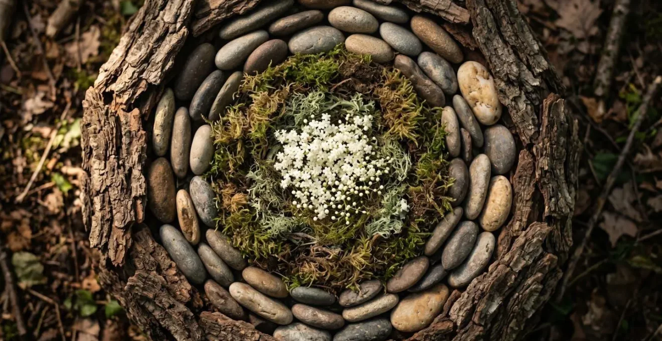 Composition symbolique montrant la protection familiale par cercles concentriques de mousse et de pierres, représentant le cocooning vaccinal.