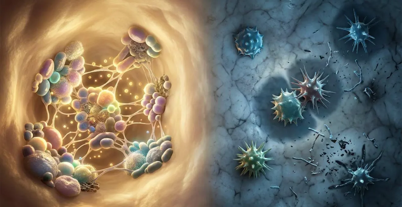 Illustration comparant des souches probiotiques en synergie versus en compétition dans l'intestin