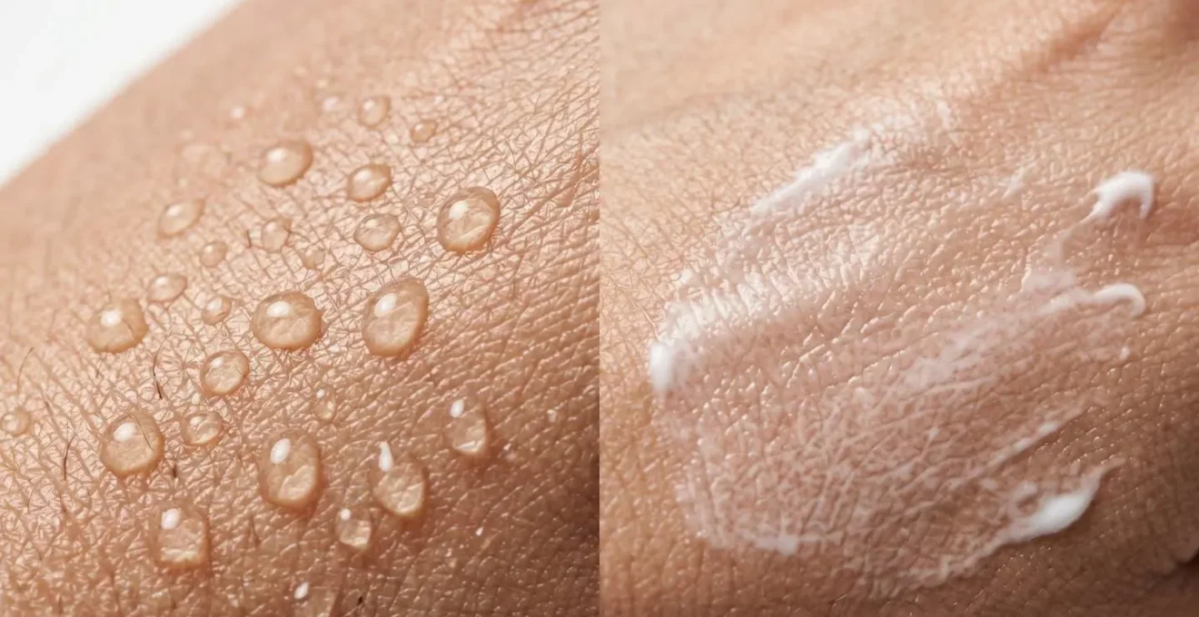Comparaison visuelle entre l'application d'une huile et d'une crème sur la peau