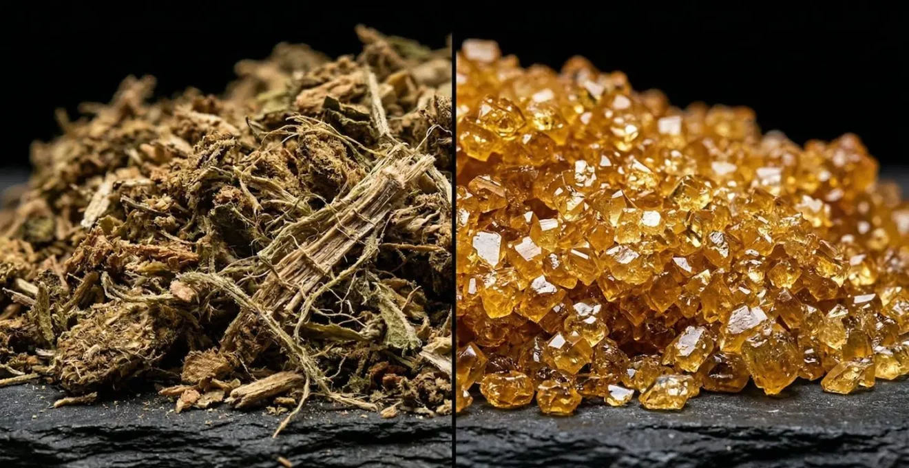 Comparaison microscopique entre la structure d'un extrait concentré et d'une poudre de plante