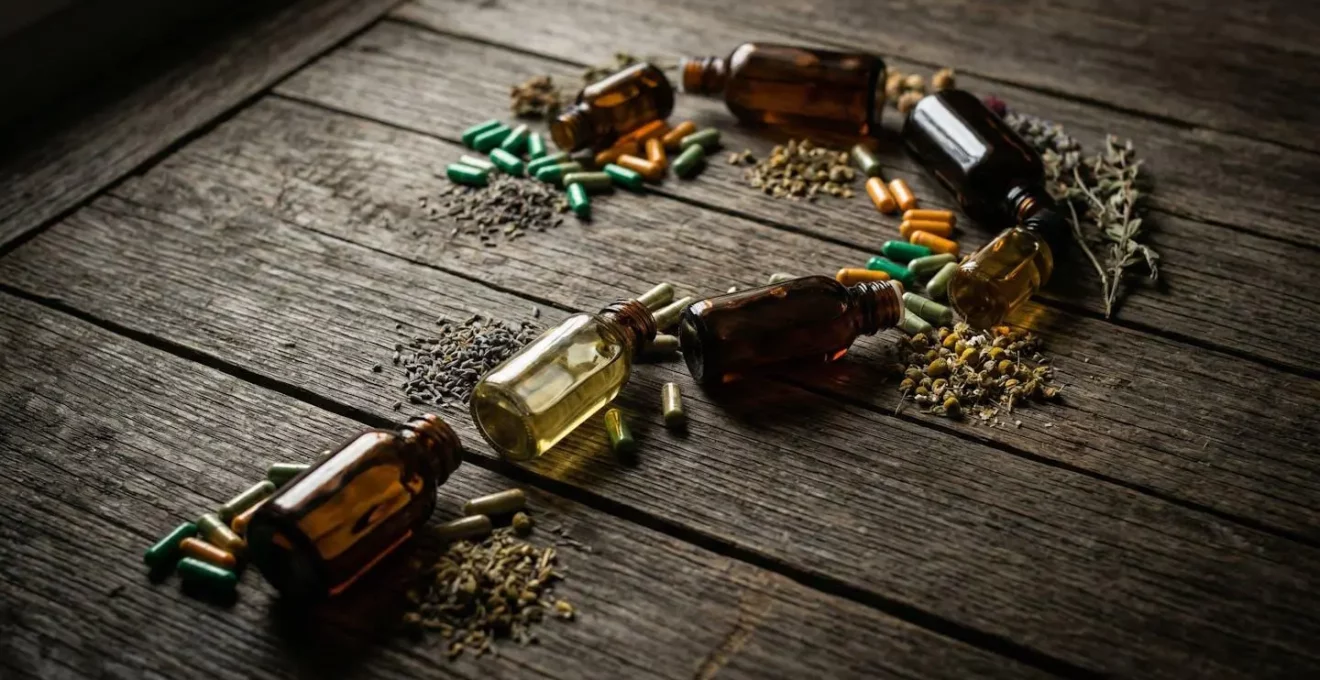 Composition de compléments alimentaires et plantes médicinales sur une surface en bois naturel