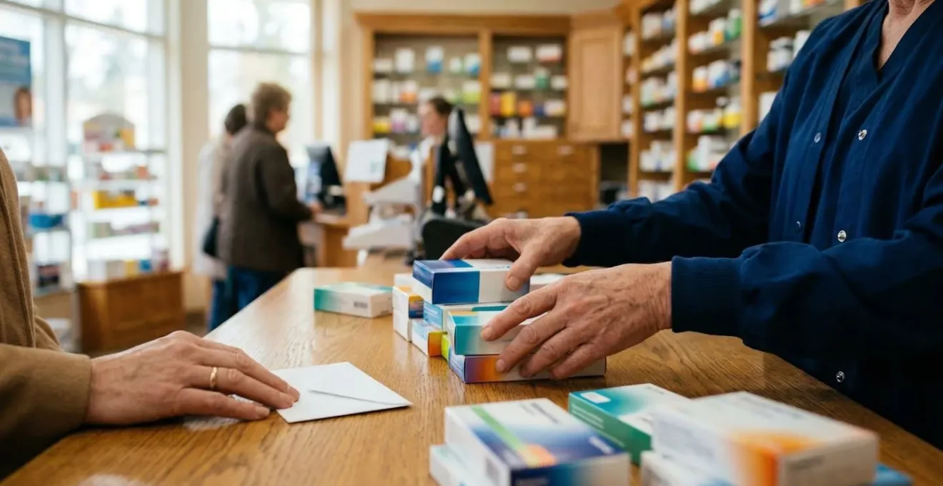 Vue symbolique d'un comptoir de pharmacie représentant la zone de conseil et de sécurité