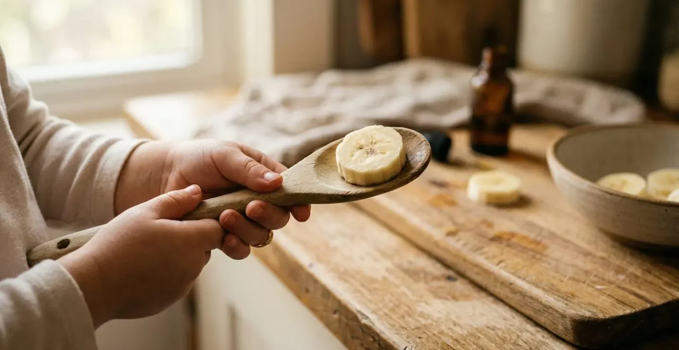 Gros plan sur les mains d'un enfant tenant une cuillère avec une tranche de banane