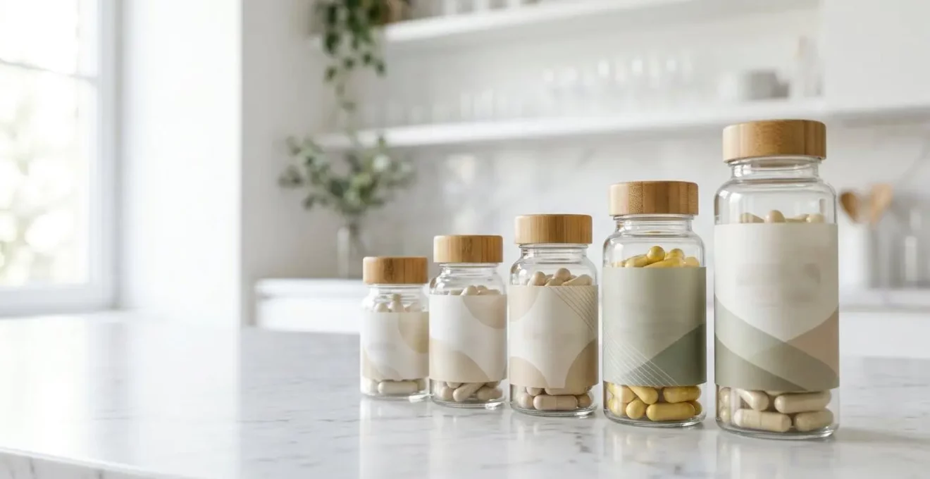 Flacons de compléments alimentaires avec étiquettes floues montrant la transparence et la naturalité des ingrédients