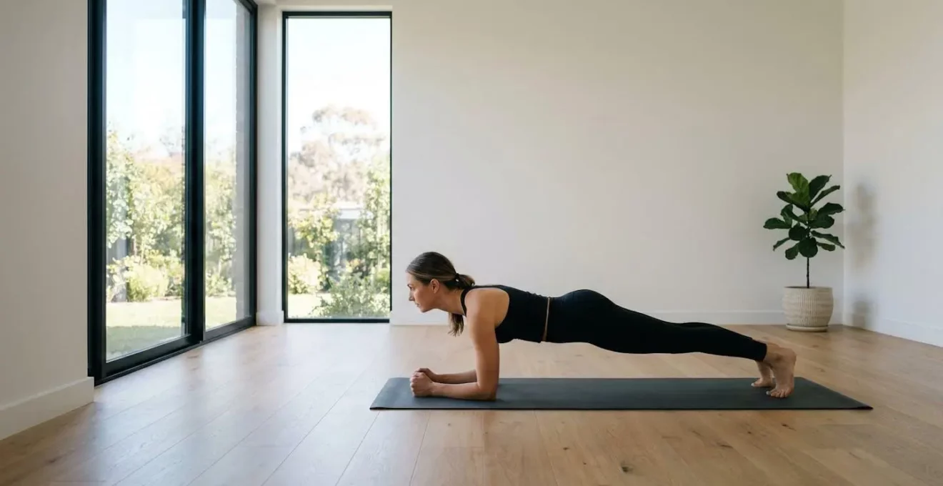 Vue large d'une personne effectuant une planche abdominale dans un environnement minimaliste