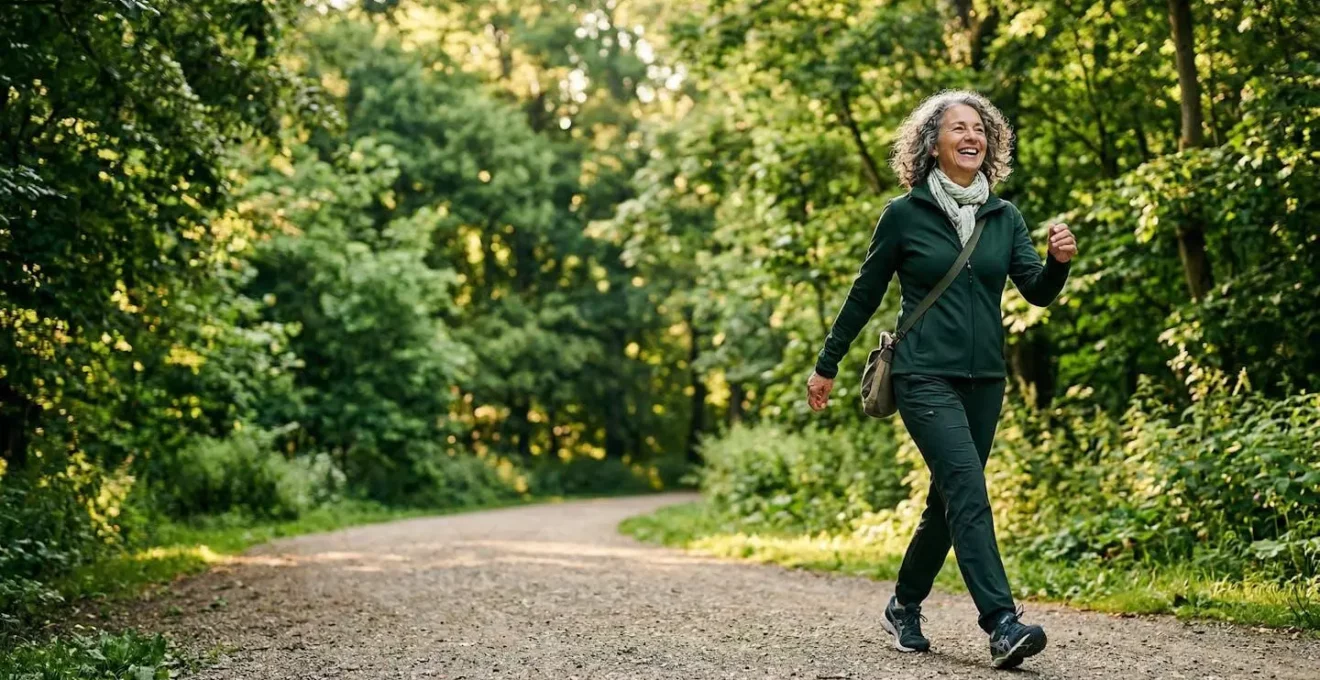 Femme de 60 ans marchant d'un pas énergique dans un parc