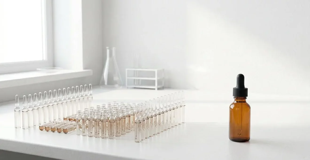 Vue comparative d'ampoules scellées et d'un flacon doseur dans un environnement contrôlé