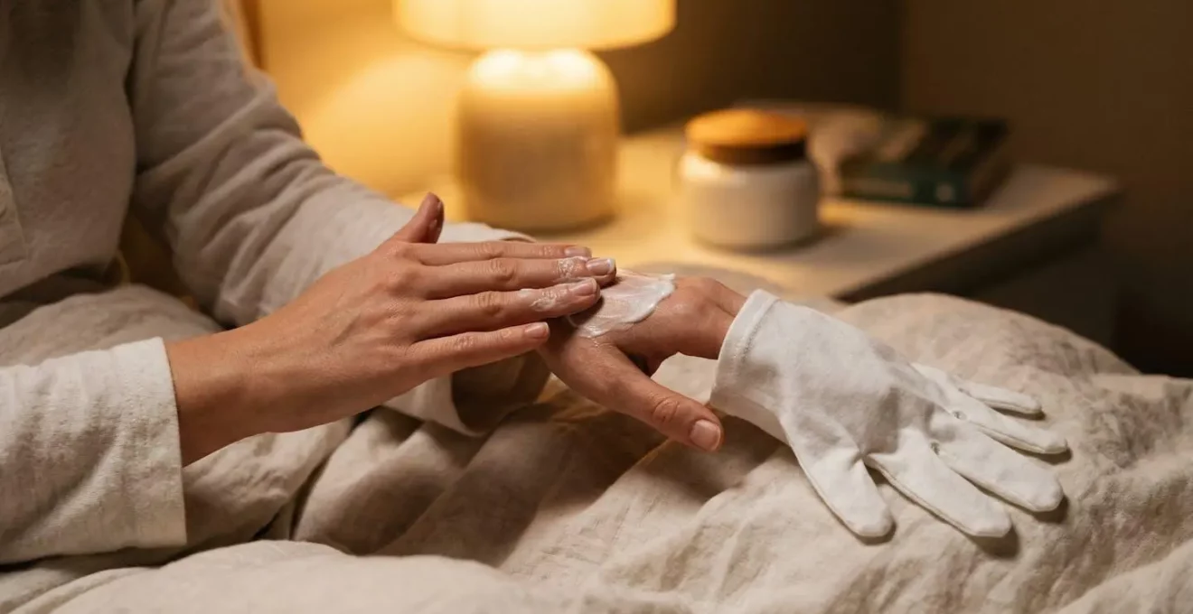 Une paire de gants en coton blanc à côté d'un pot de soin, sur une table de chevet, illustrant le rituel de soin nocturne.