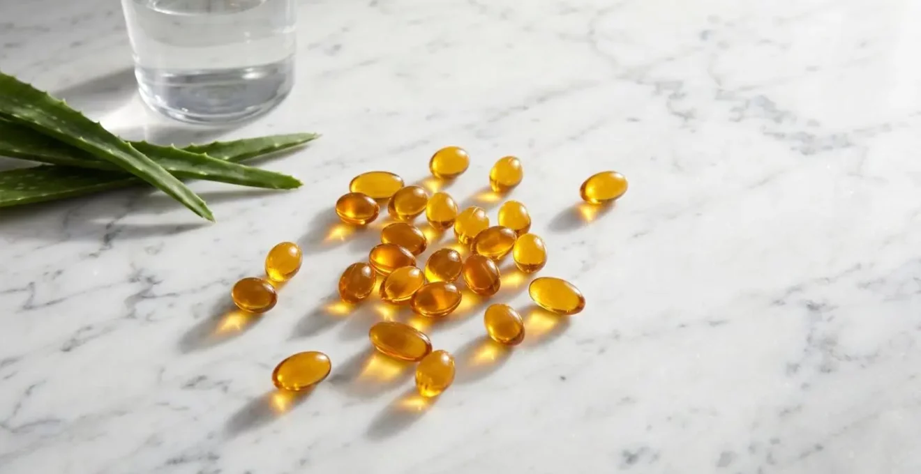 Gélules d'acide hyaluronique sur surface minimaliste avec éléments naturels