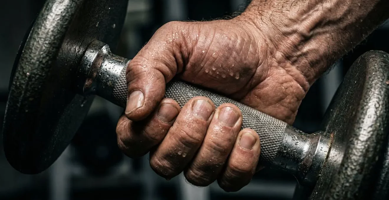 Détail macro d'une main masculine saisissant un haltère avec des gouttes de transpiration, illustrant l'effort intense et contrôlé