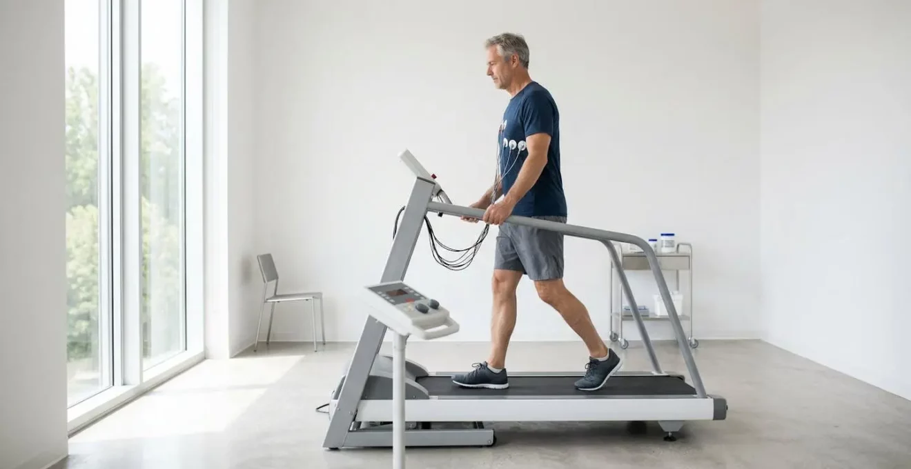 Homme quinquagénaire effectuant un test d'effort médical