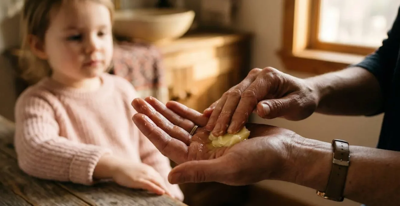 Mains parentales réchauffant délicatement le beurre de karité