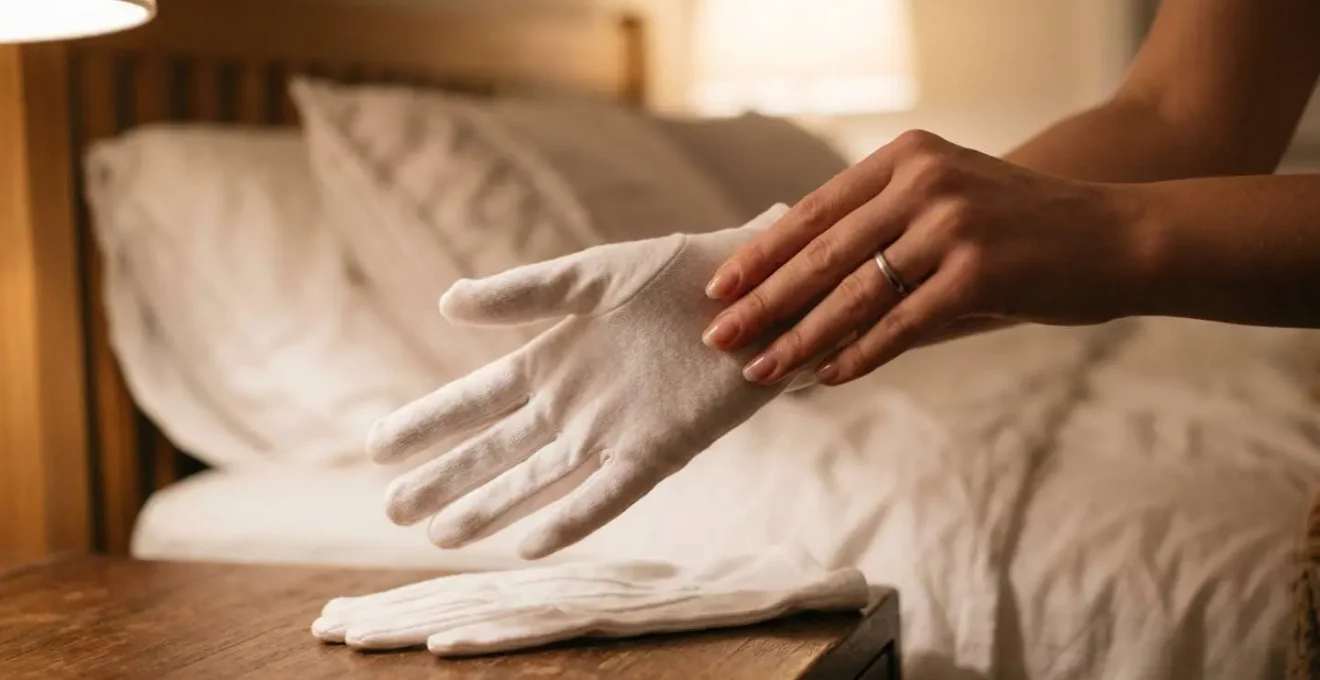 Mains délicates enfilant des gants en coton blanc pour soin de nuit