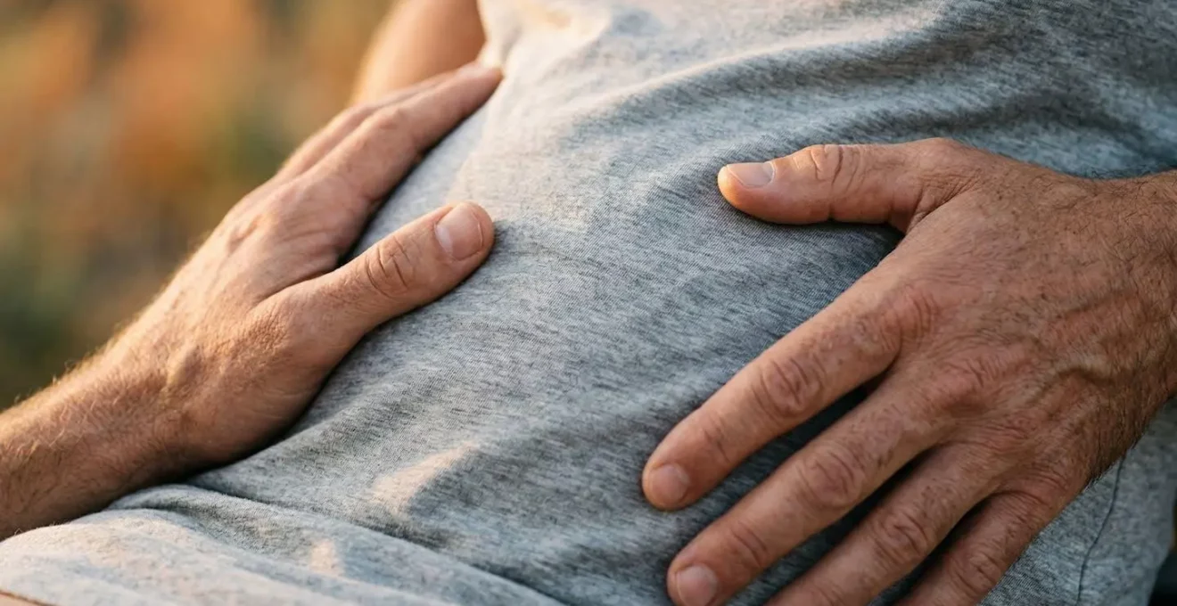 Gros plan des mains d'un père effectuant un mouvement de bercement sur le ventre maternel au coucher du soleil