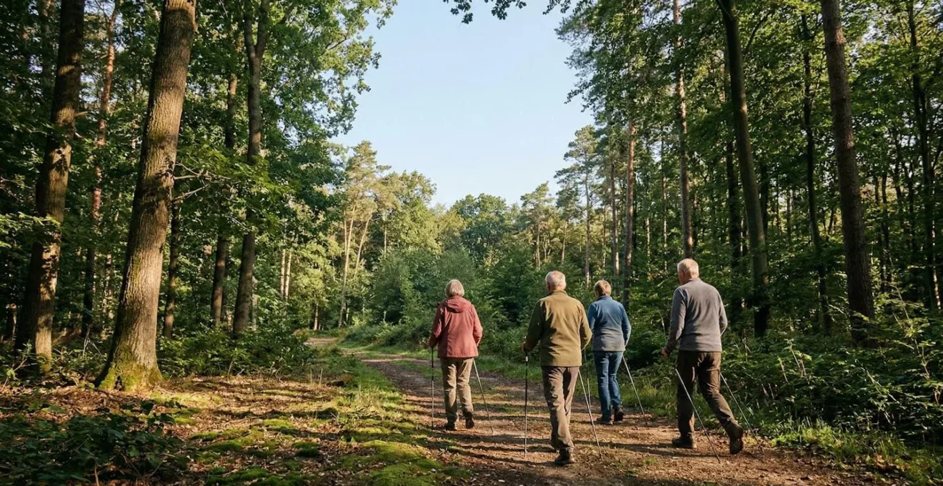 Groupe de seniors pratiquant la marche nordique dans un parc verdoyant