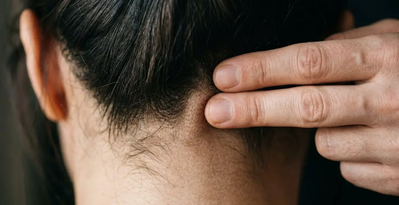 Gros plan sur les mains exerçant une pression sur les points d'acupression de la nuque