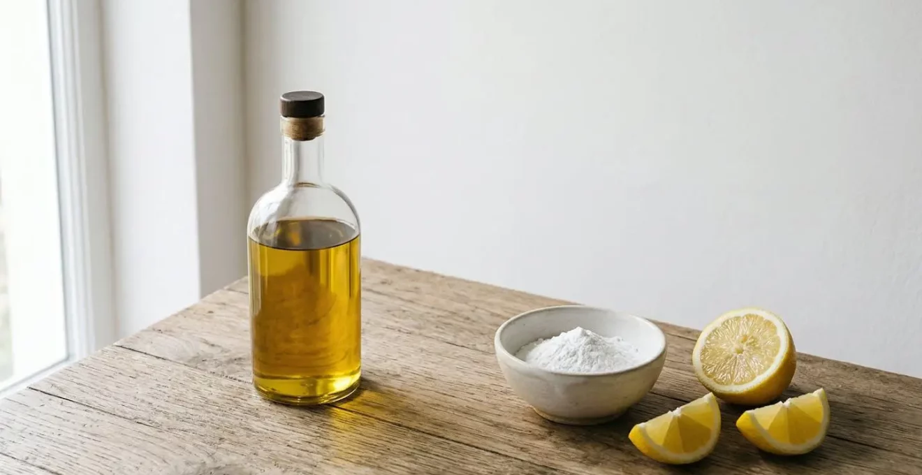 Nature morte avec bouteille d'huile d'olive dorée et citrons coupés sur surface de bois naturel