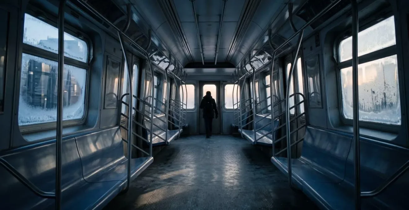 Intérieur d'un wagon de transport en commun vide et hivernal, symbolisant l'importance de la protection respiratoire individuelle.