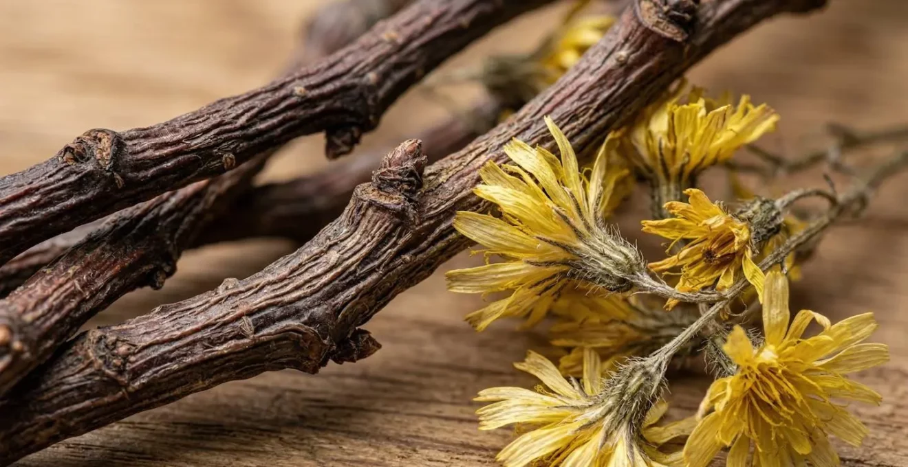Gros plan macro sur queues de cerises séchées et fleurs de piloselle sur surface naturelle