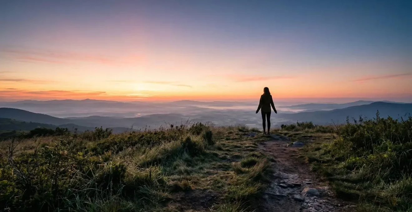 Vue large d'une personne contemplant un paysage naturel au lever du soleil, symbolisant le renouveau