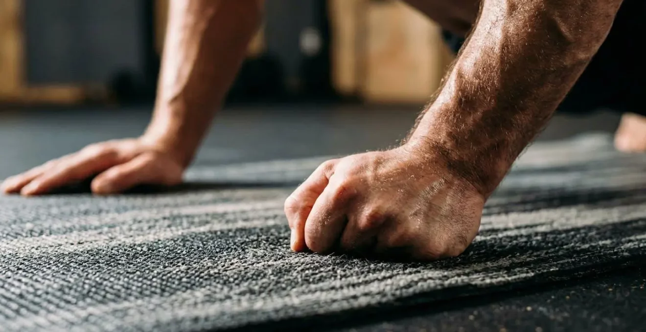 Vue macro détaillée des mains en position de pompe sur un tapis texturé, montrant l'intensité d'une séance au poids du corps.