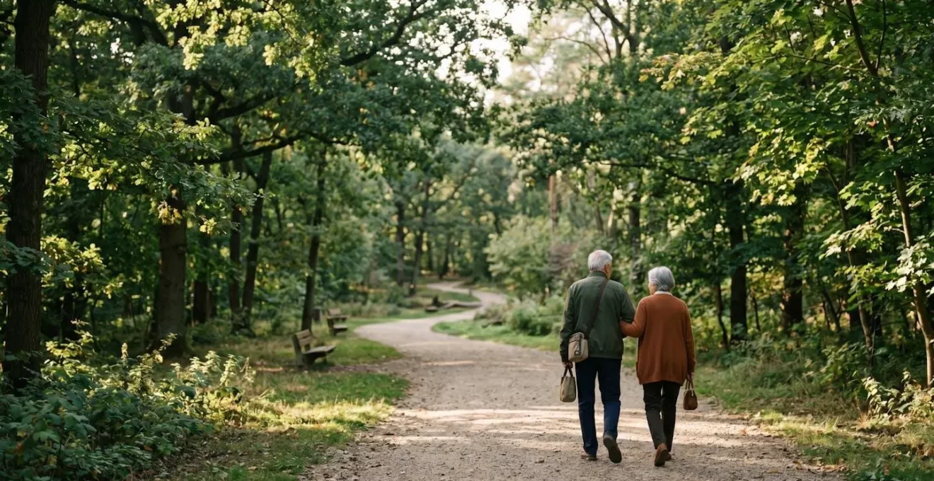 Couple de seniors en promenade digestive dans un parc après le déjeuner