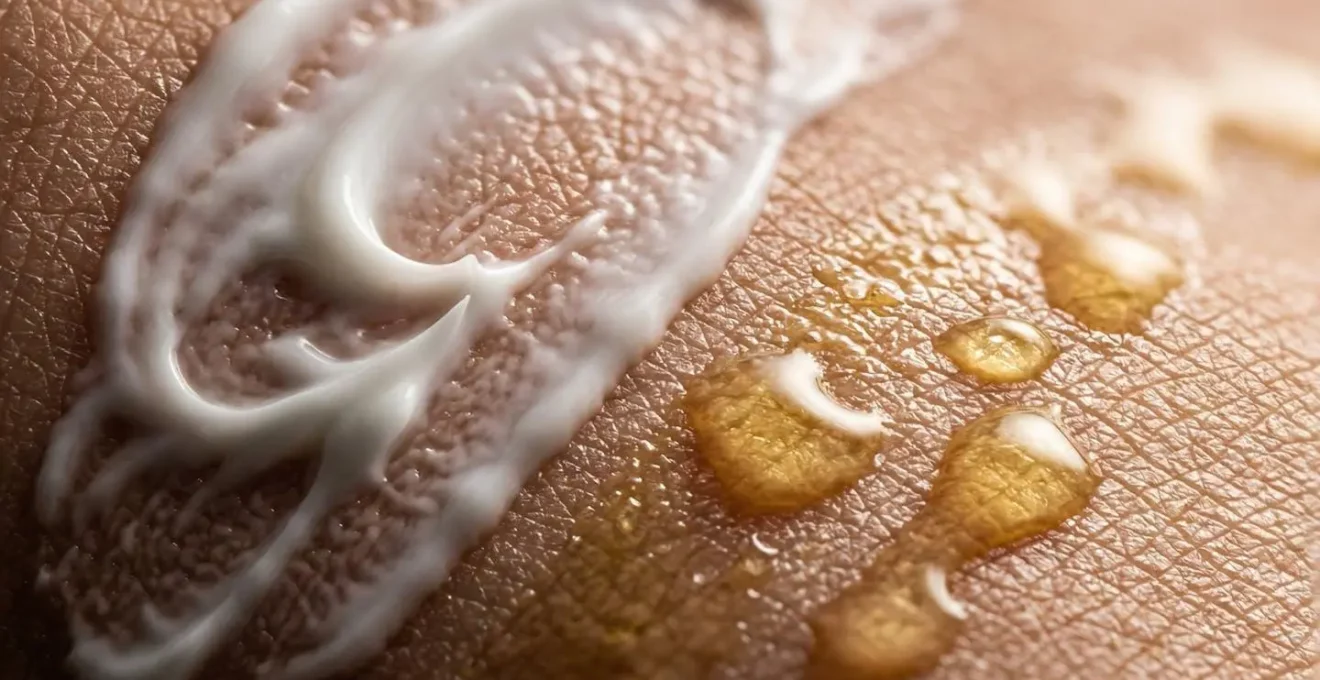 Comparaison macro de textures crème et huile sur peau sensible