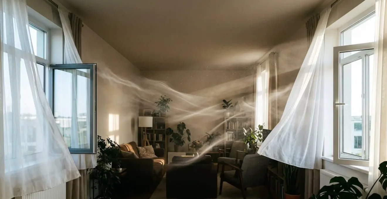 Technique de ventilation croisée dans un appartement avec fenêtres opposées ouvertes