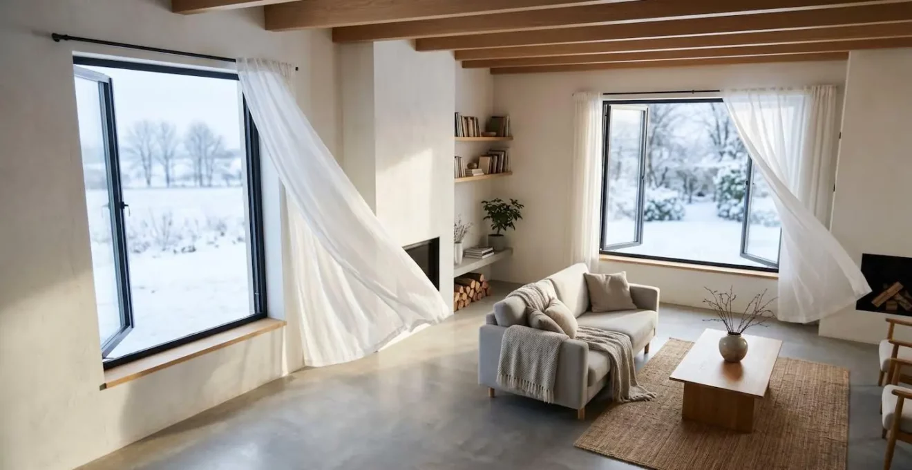 Vue large d'un salon avec fenêtres ouvertes créant un flux d'air visible