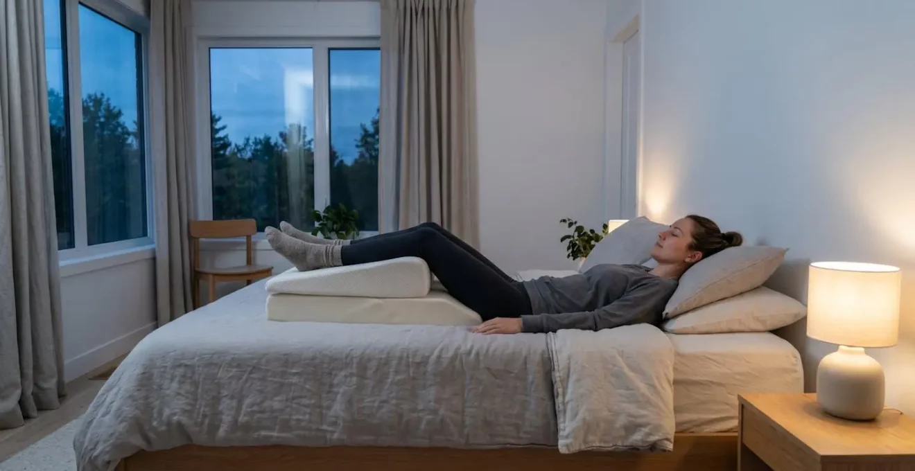 Démonstration de la position correcte pour surélever les jambes la nuit avec coussin sous les genoux