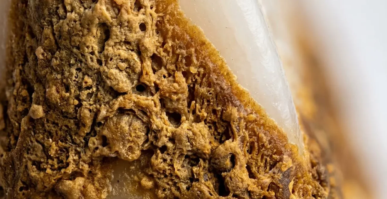 Vue microscopique du tartre spécifique des fumeurs montrant sa structure poreuse caractéristique