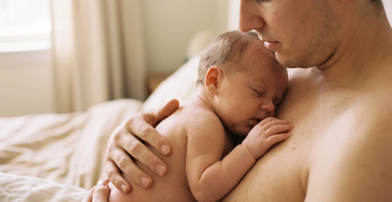 Moment intime de contact peau à peau entre un parent et son bébé, l'enfant reposant paisiblement contre le torse nu du parent dans une ambiance douce et chaleureuse