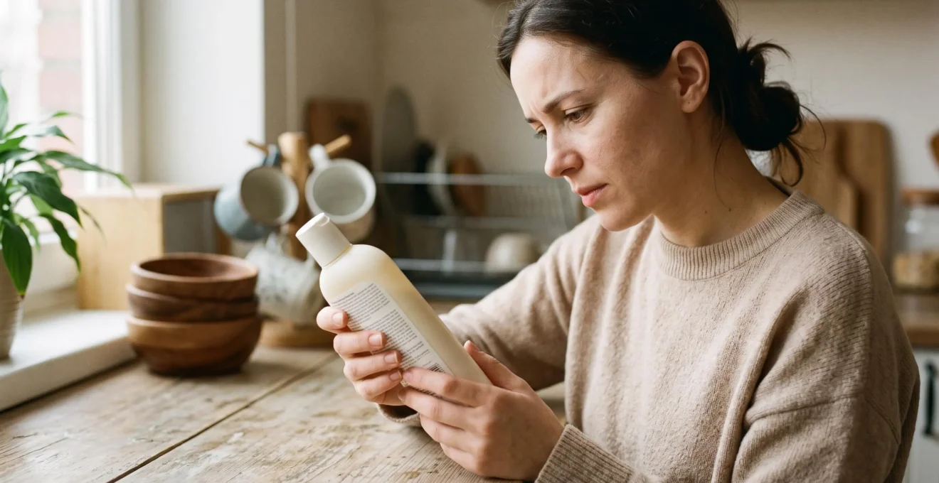 Un parent examine attentivement l'étiquette d'un produit cosmétique pour bébé, lisant la liste des ingrédients avec concentration dans un intérieur lumineux