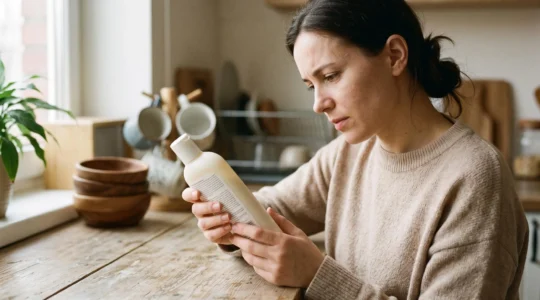 Un parent examine attentivement l'étiquette d'un produit cosmétique pour bébé, lisant la liste des ingrédients avec concentration dans un intérieur lumineux